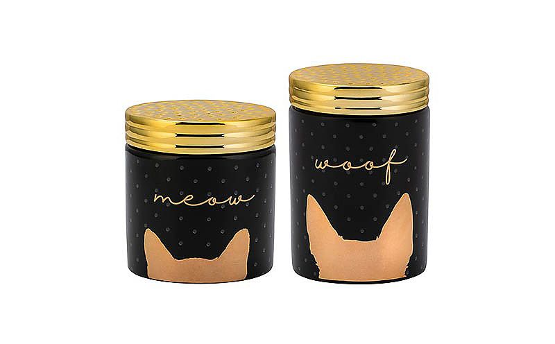 Amici Pet Woof & Meow Black with Gold Accents 18 & 24 oz Ceramic Treats Canisters, 2 Size Set