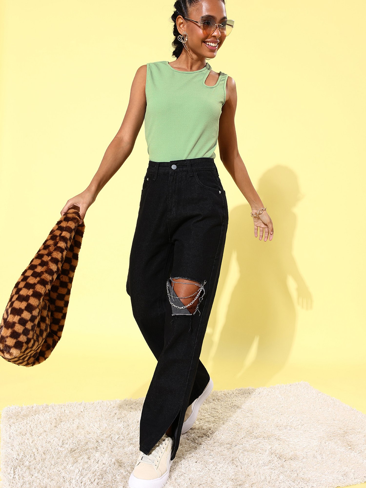 StyleStone Green Shoulder Cut Out Top