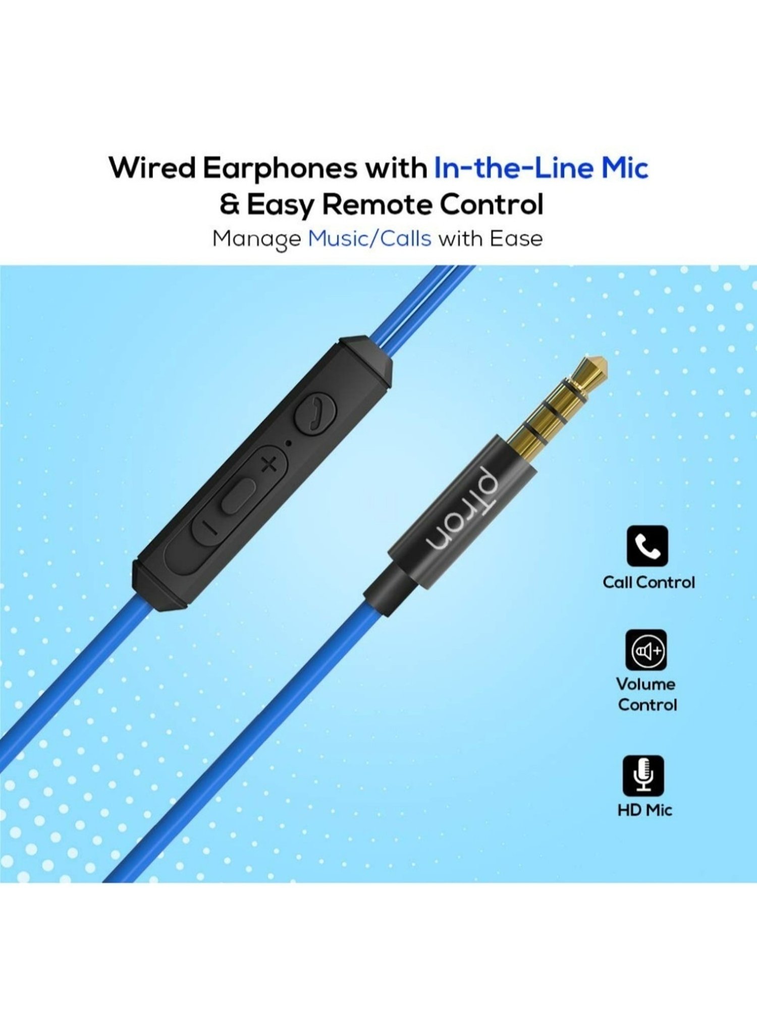 PTron Pride Lite in Ear Wired Earphones with Mic, 3.5mm Aux (Blue)