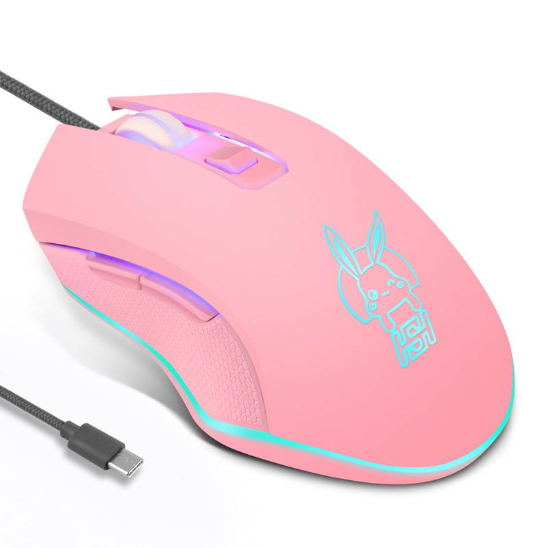Type-C/USB-C Cute Rabbit LED Dimmer Mute Wired Mouse 2400DPI 6-button Ergonomic Design Mice For Office And Game