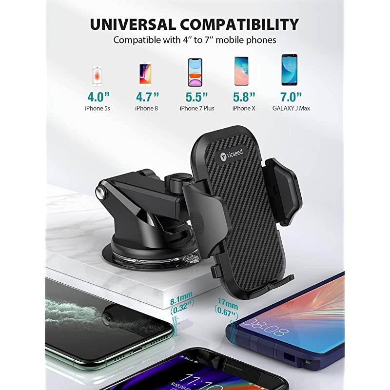 Universal Cell Phone Holder for Car Phone Mount Car Phone Holder Dashboard Windshield Air Vent Long Arm Strong Suction Cell Phone Car Mount Fit with iPhone SE 12 Pro Galaxy S21 All Phones