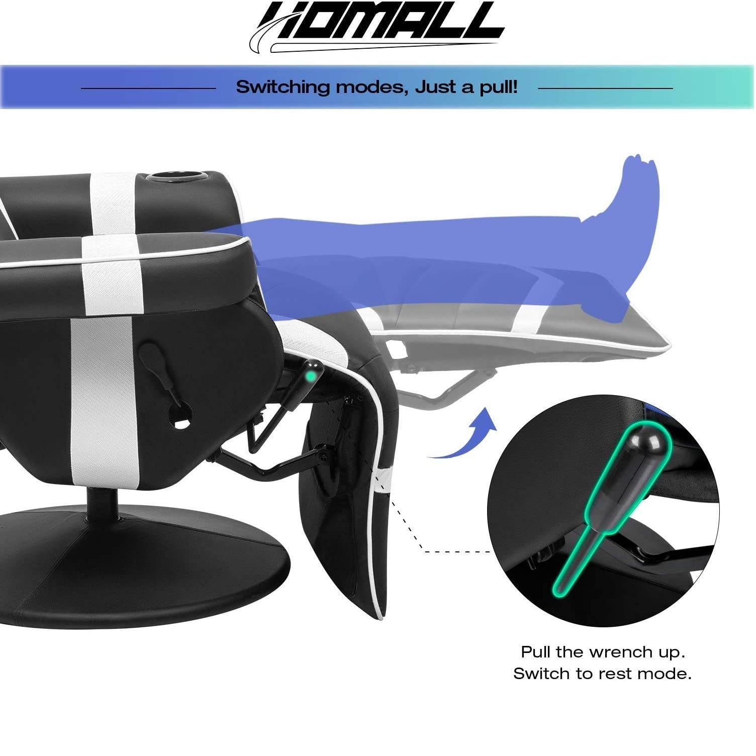 Homall Computer Racing Style PU Leather Ergonomic Adjusted Reclining Video Gaming Single Sofa Chair with Footrest Headrest and Lumbar Support (White)