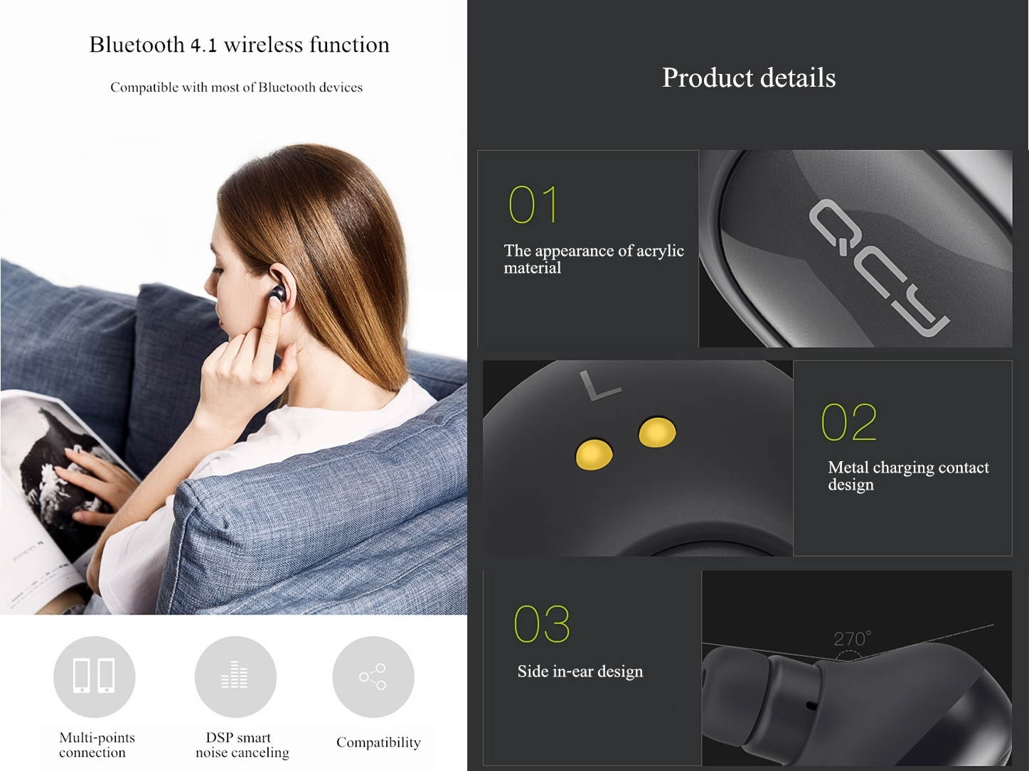 QCY Q29 True Wireless Cord-Free Bluetooth 4.1 Mini Earphones English Version