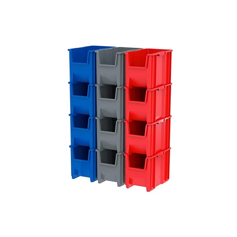 13014 Stack-N-Store Heavy Duty Stackable Open Front Plastic Storage Container Bin, (17-1/2-Inch x 11-Inch x 12-1/2-Inch), Blue, (4-Pack)