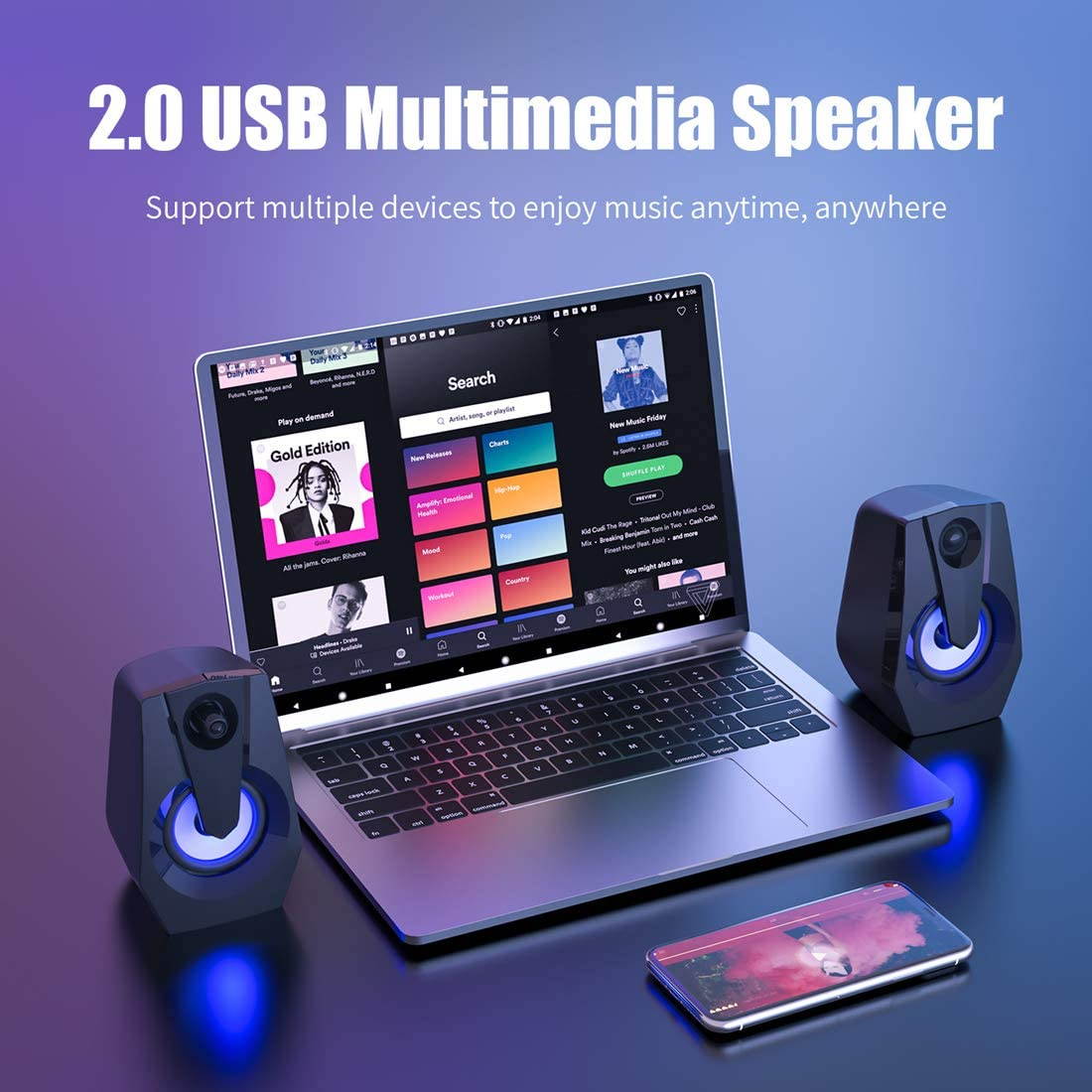 UKCOCO Computer Speakers, Stereo 2.0 USB Multimedia Speaker with Led/Volume Control Powered by USB,Gaming Speakers for PC Laptop Desktop Loudspeaker