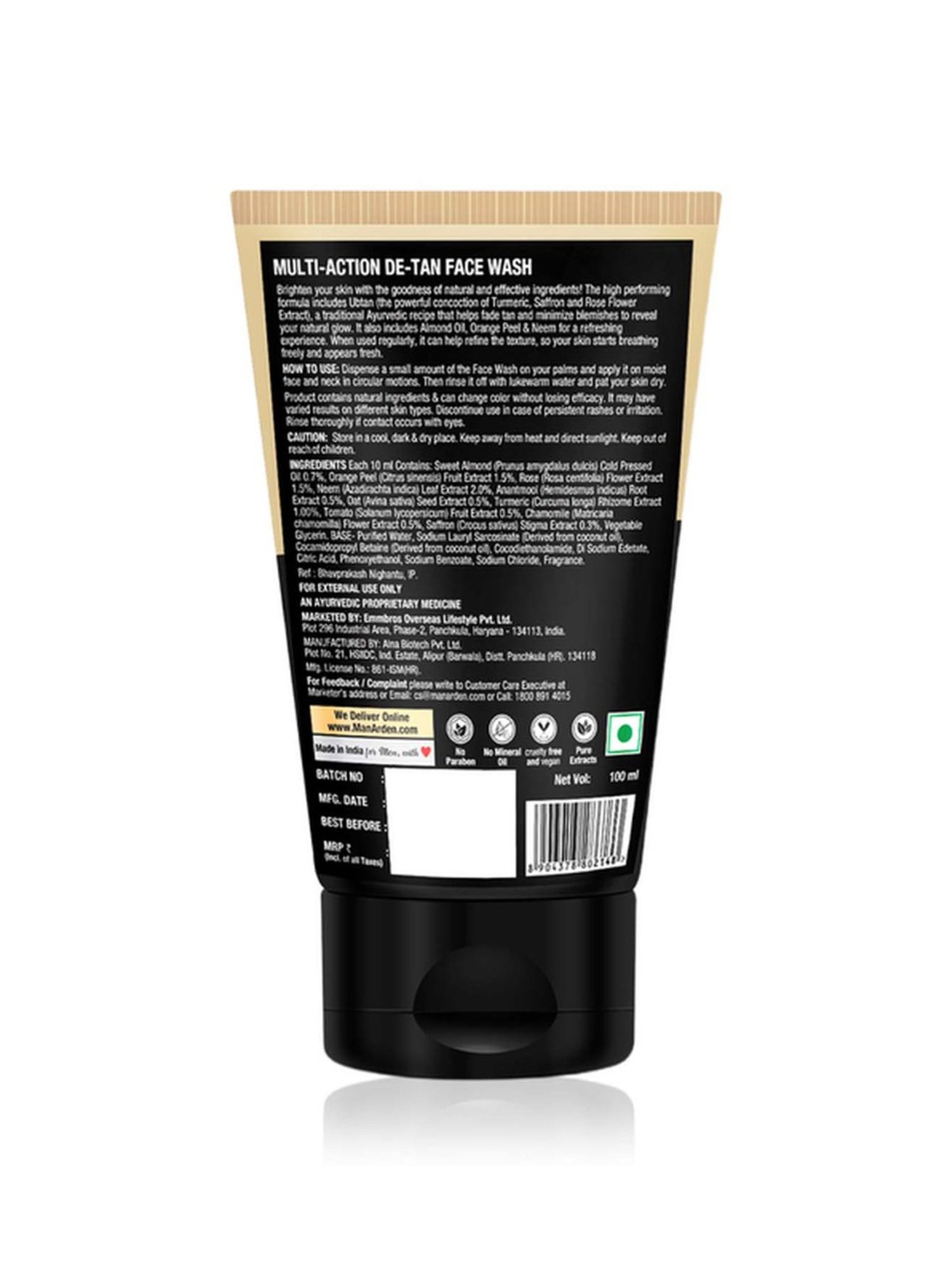 Man Arden Daily Multi-Action De-Tan Face Wash (Ubtan Turmeric + Saffron + Rose) - 100 ml