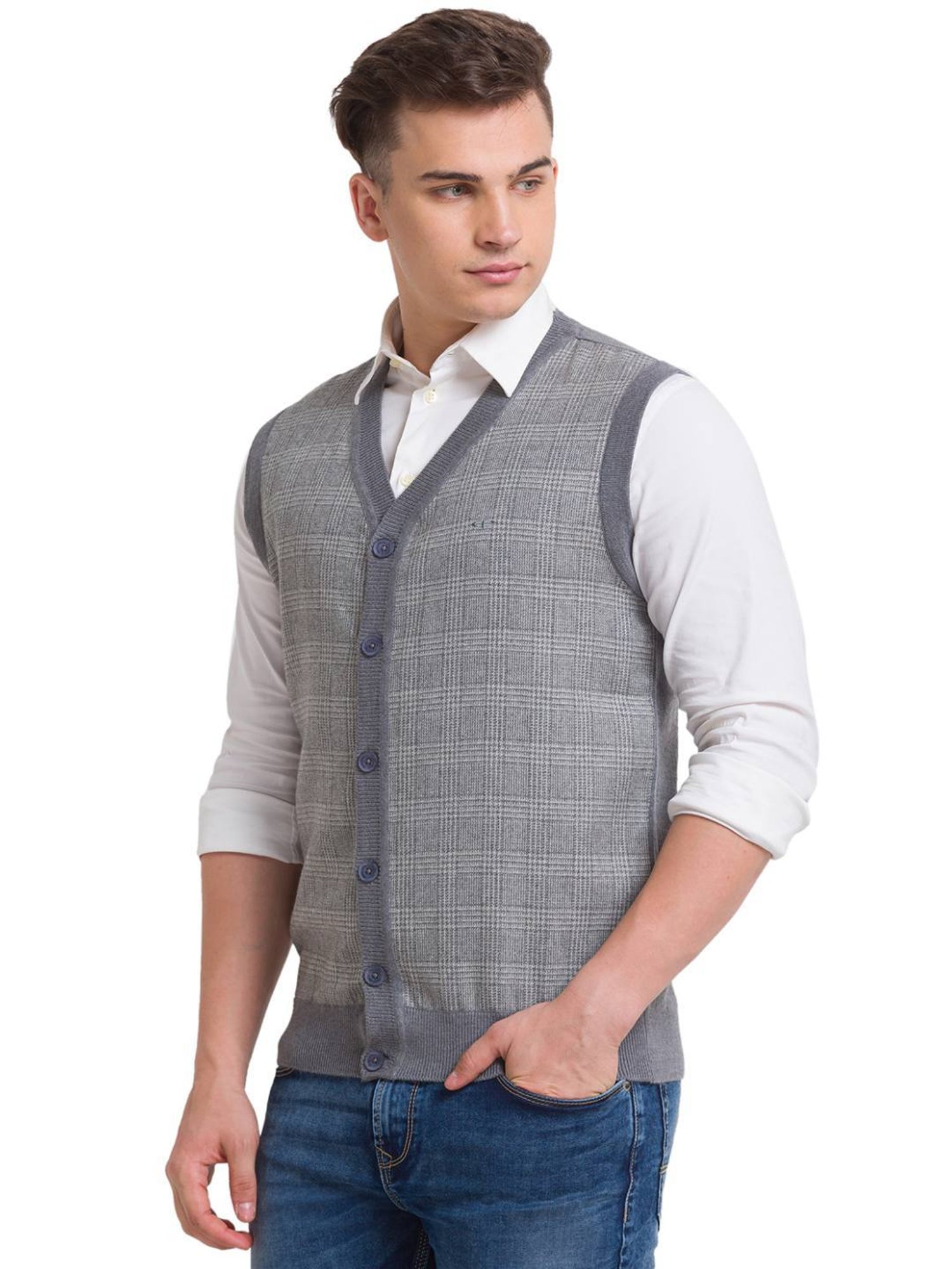 ColorPlus Grey Classic Fit Checks Sweater