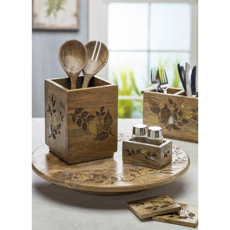 GG Collection Mango Wood with Laser and Metal Inlay Leaf Design 6-Pc Coaster Set in Wood Base.