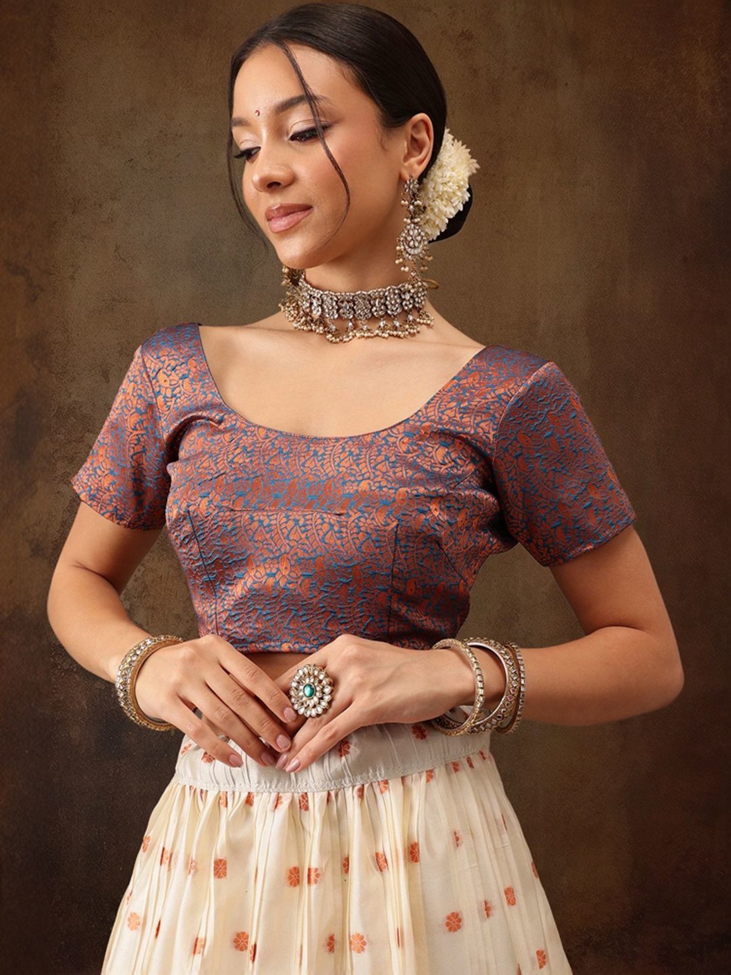 Silk Land Beige & Blue Woven Pattern Semi Stitched Lehenga Choli Set With Duppata