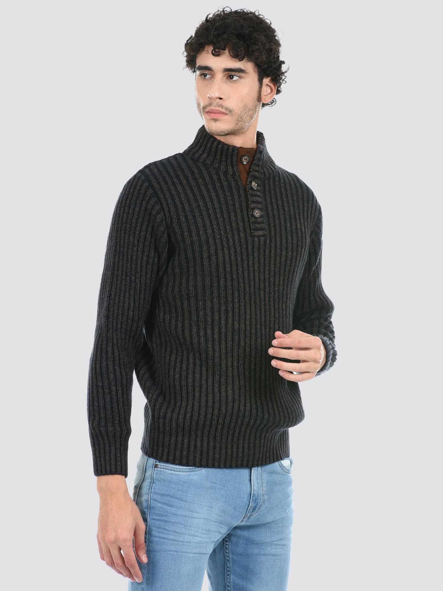 London Fog Black Regular Fit Self Design Sweater