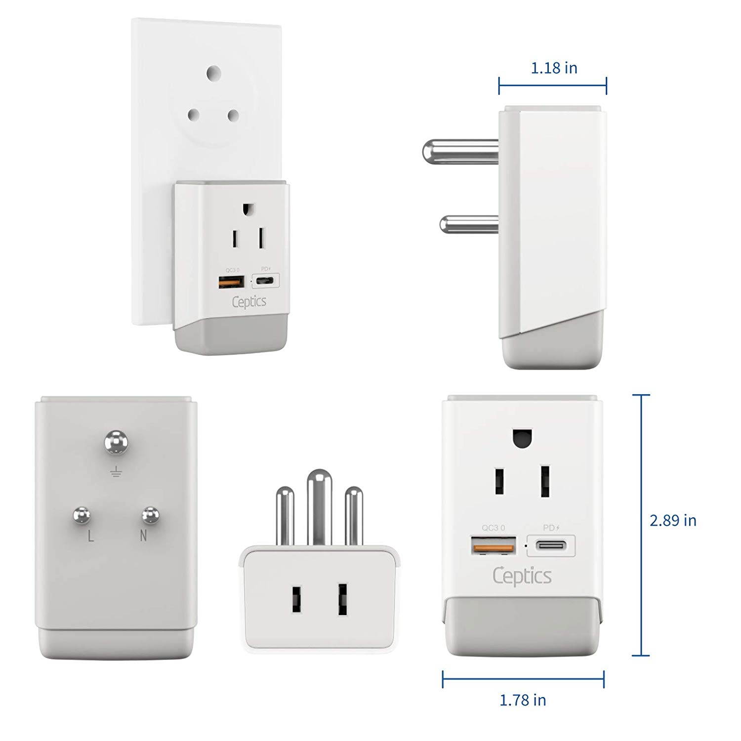 India Travel Adapter | Type D - USB-A & USB-C Ports + 2 USA Outlet (AP-10)
