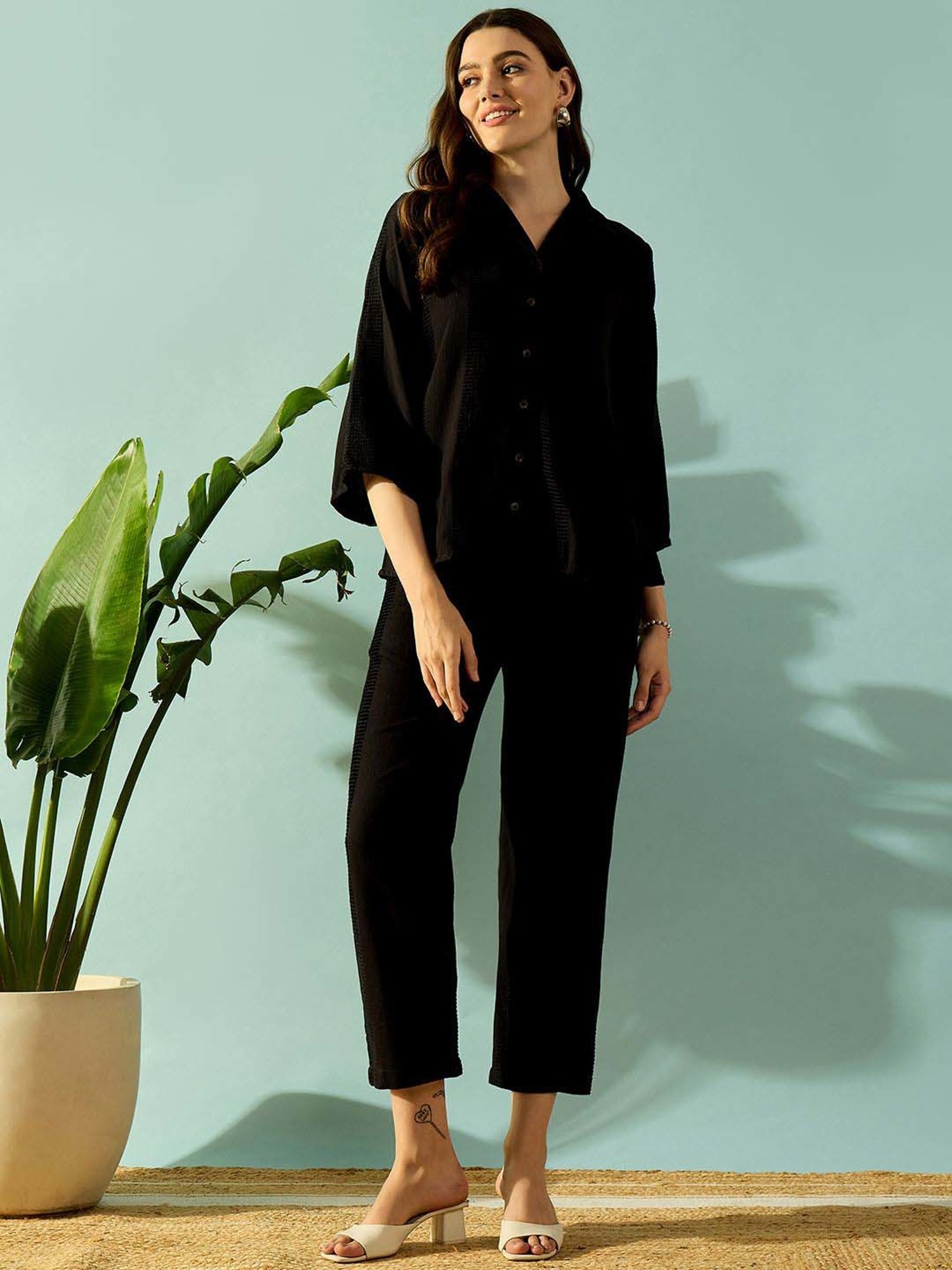 The Kaftan Company Black Cotton Self Pattern Top Pants Set