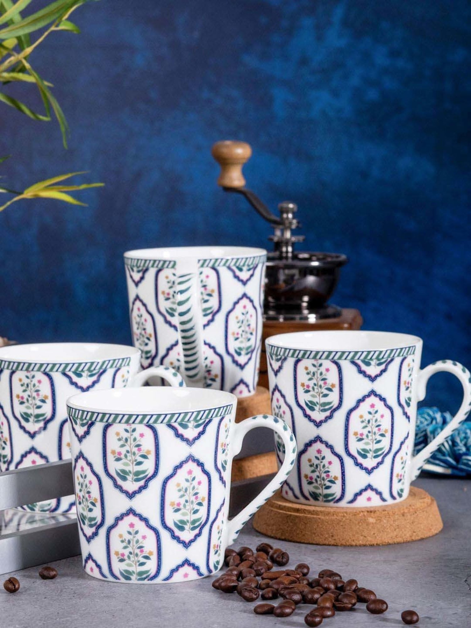 Goodhomes White & Blue Bone China Coffee Mug (0.32 L) - Set of 4