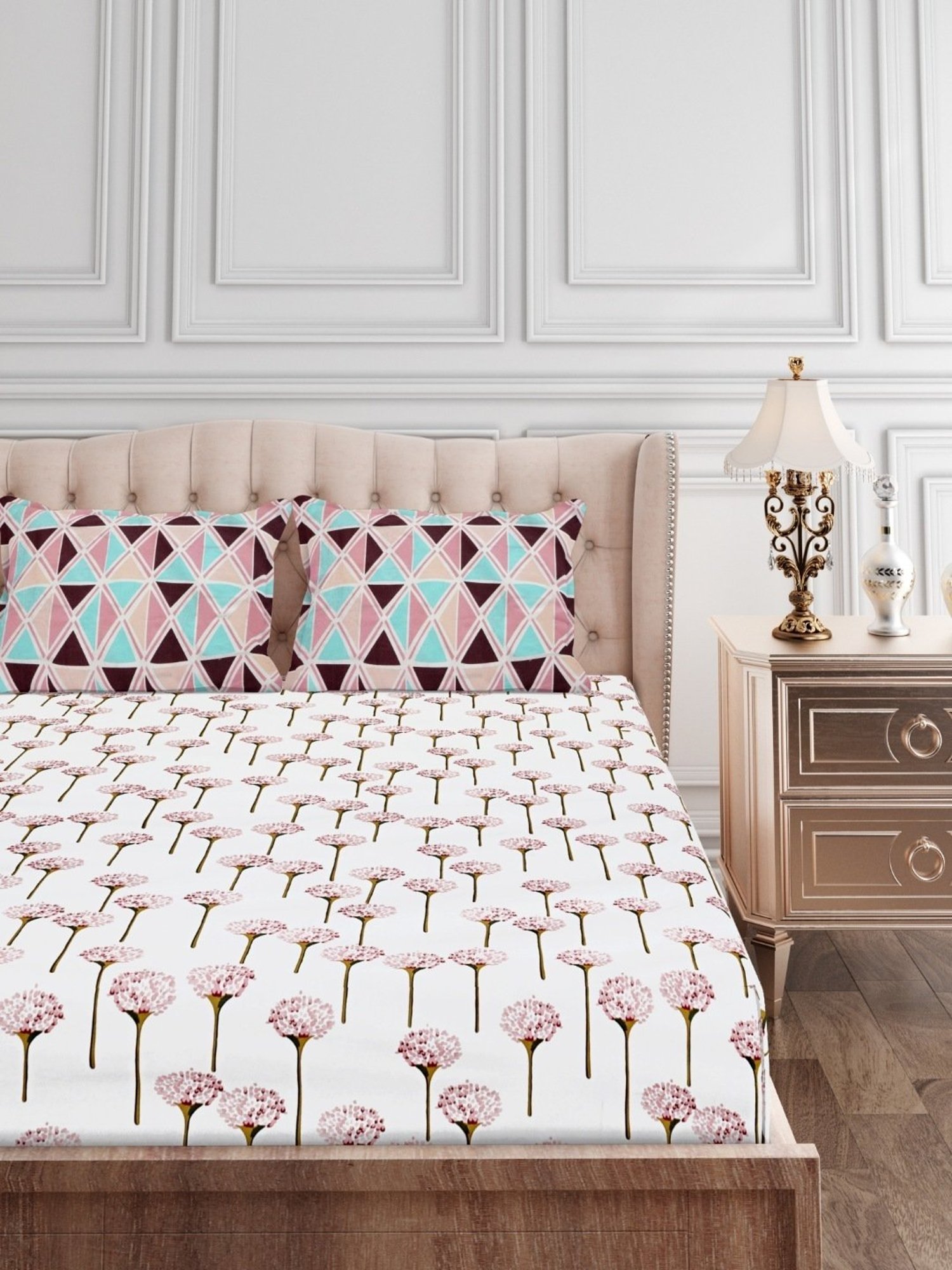 SEJ by Nisha Gupta Floral Pink 160 TC Cotton King Bed Sheet with 2 Pillow Covers