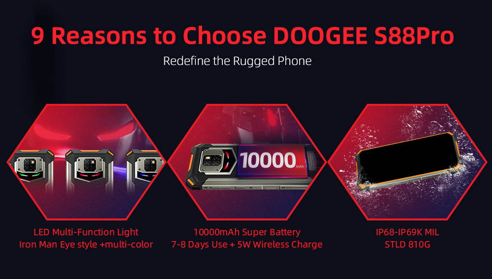 DOOGEE S88 Pro Rugged Phone, 10000mAh,6GB+128GB IP68/IP69K Waterproof Dustproof Shockproof, Triple Back Cameras Fingerprint Identification, 6.3 inch Android 10.0, Wireless Charging
