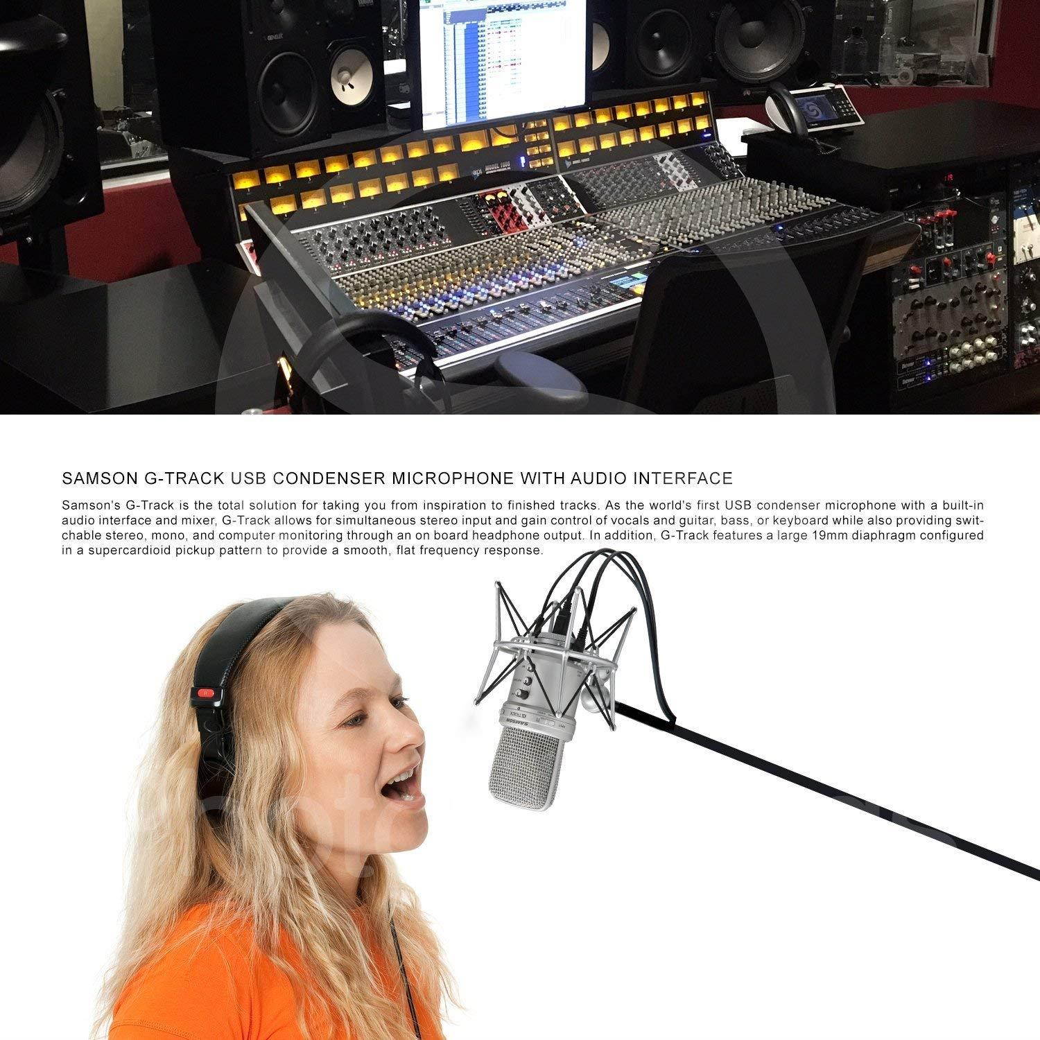 Samson G-Track USB Recording Microphone Bundle with Headphones+Pop Filter+Stand+Sanitizer+ FiberTique Cleaning Cloth