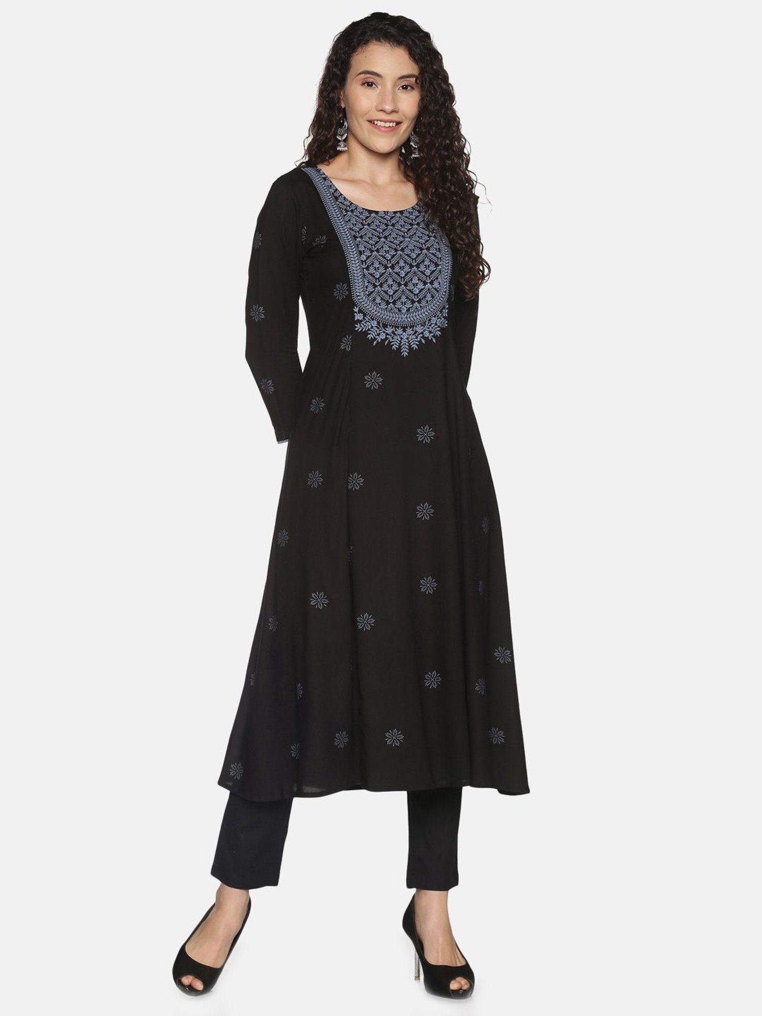 Saffron Threads Black Embroidered A Line Kurta