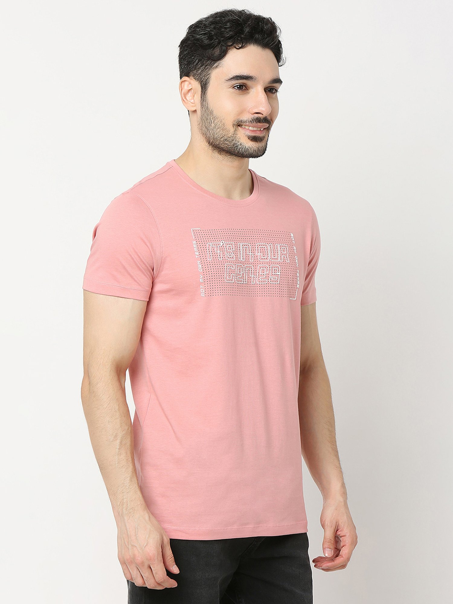 UnderJeans by Spykar Pink Regular Fit Self Design Cotton Crew T-Shirt