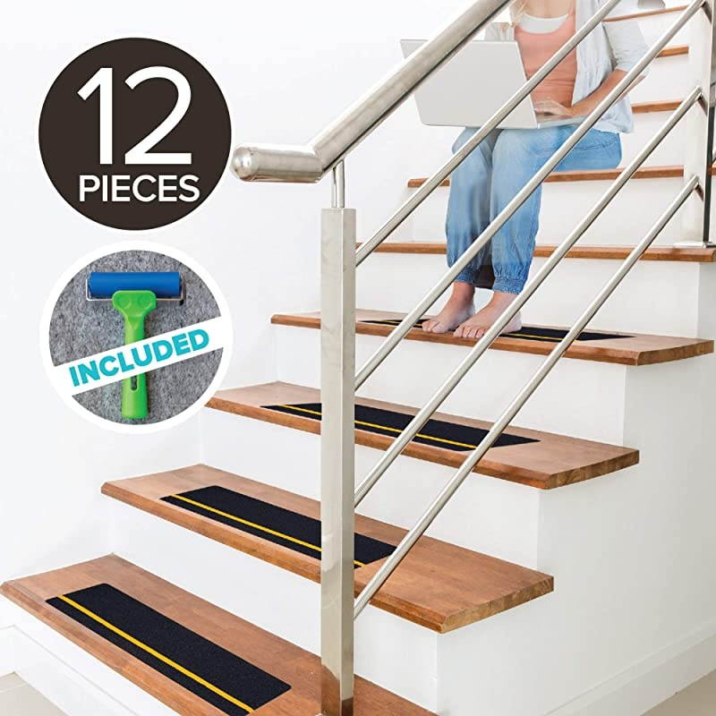 Textured Rubber Surface Anti Slip Stair Treads with Reflective Yellow Stripe Non Slip Safety Tape Comfortable for Bare Foot Black with Free Rubber Roller 6quotX24quotX12P Reflective