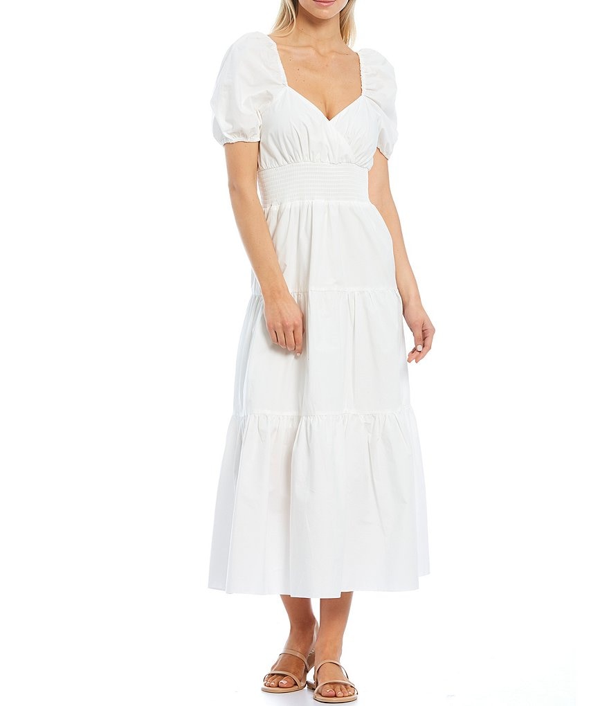 A Loves A Puff Sleeves and Smocked Waist Tiered Poplin Dress