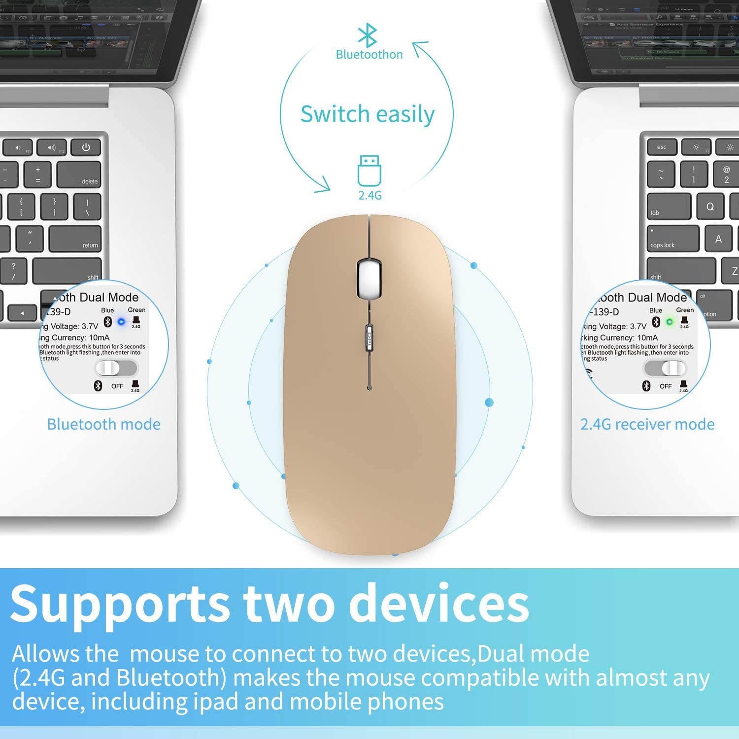 2.4GHz Wireless Bluetooth Mouse, 3 Adjustable DPI, Dual Mode Slim Rechargeable Wireless Mouse Silent USB Mice,Compatible for Laptop Windows Mac Android MAC PC Computer (Silver)
