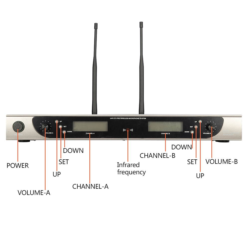 U-8008 UHF Anti-Interference Wireless Microphone System Adjustable Frequency Dual Handheld 2 x Mic Cordless Receiver Silver