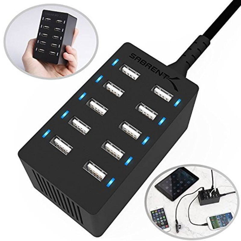 Sabrent 60 Watt (12 Amp) 10-Port [UL Certified] Family-Sized Desktop USB Rapid Charger. Smart USB Ports with Auto Detect Technology [Black] (AX-TPCS) (AX-TPCS)