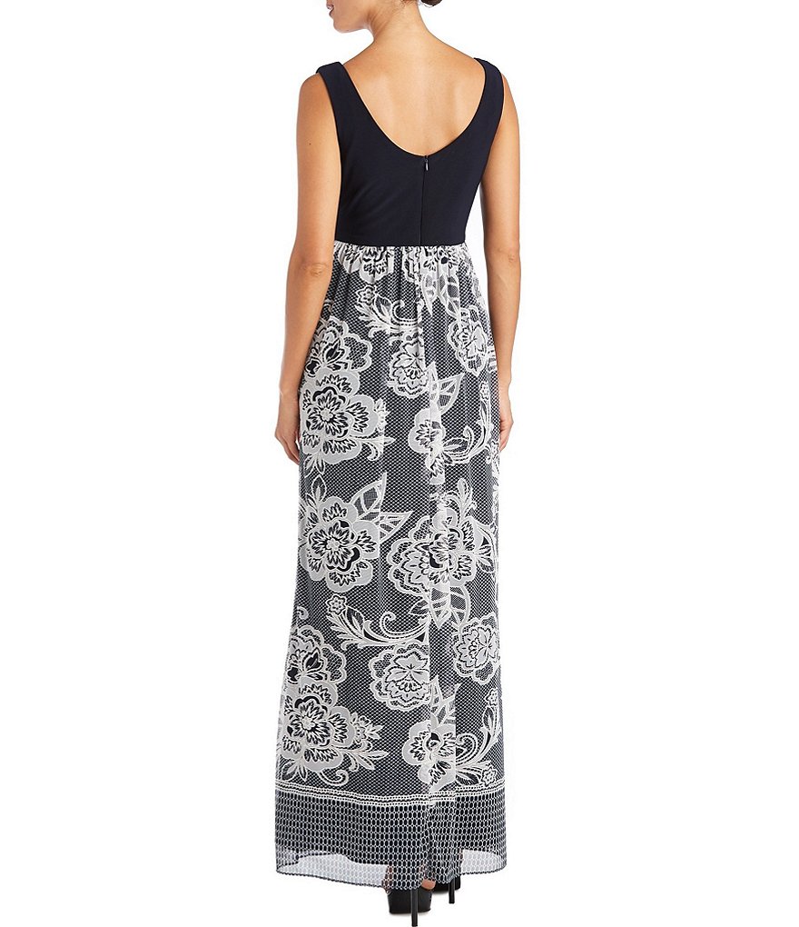 R & M Richards Petite Size Sleeveless Printed Mesh V-Neck Dress