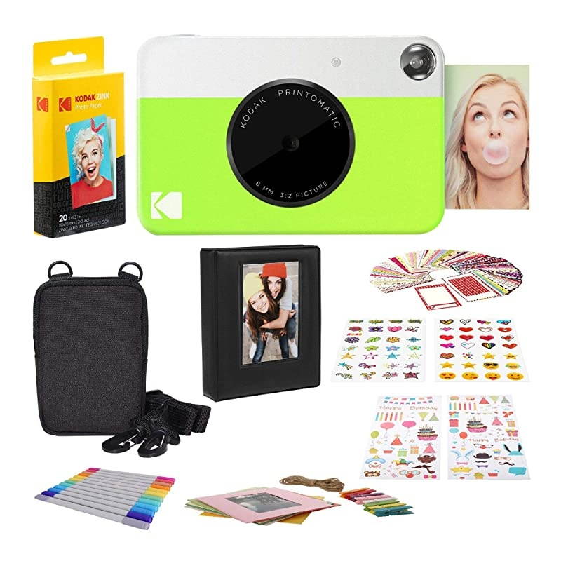 Printomatic Digital Instant Print Camera Neon Green with 2"x3" Premium Zink Photo Paper 20 Sheets Soft Camera case Zink Paper Unique Colorful Stickers amp Photo Album Accessories
