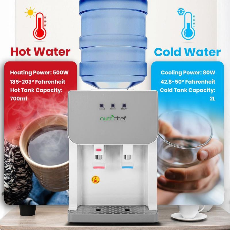NutriChef PKTWC36SL Universal Top Loading Thermoelectric Hot & Cold Water Dispenser System w/ Child Safe Glass Front Panel, 43 to 203 Degrees