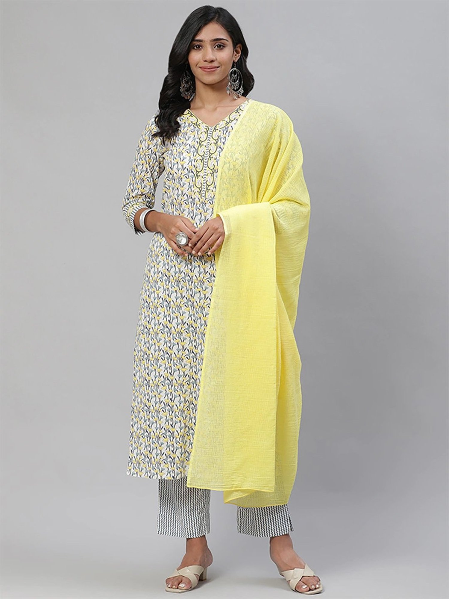Vaamsi White & Yellow Cotton Floral Print Kurta Pant Set With Dupatta