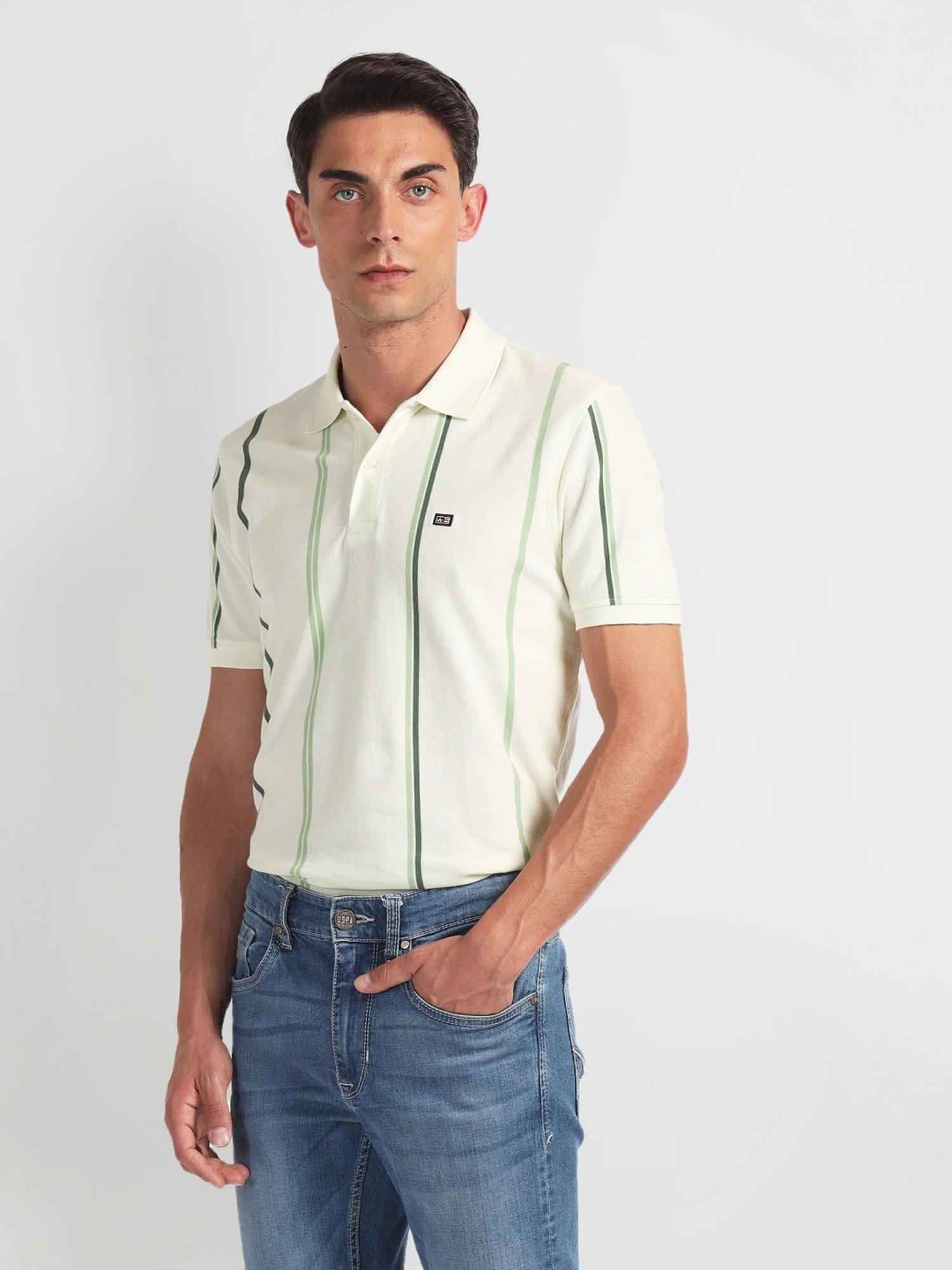 Arrow Sports Green Cotton Regular Fit Striped Polo T-Shirt