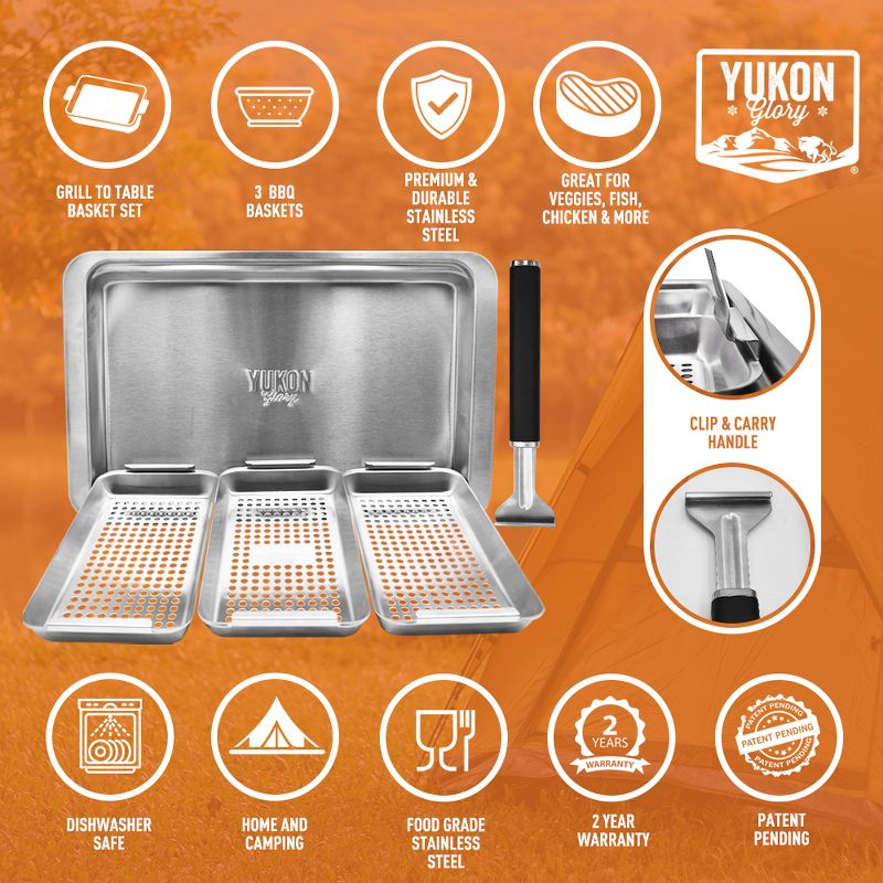Yukon Glory Grill 'n' Serve BBQ Basket Set, Revolutionary Grill to Table Design, Includes 3 BBQ Baskets, Serving Tray and Patented Clip-on Handle.