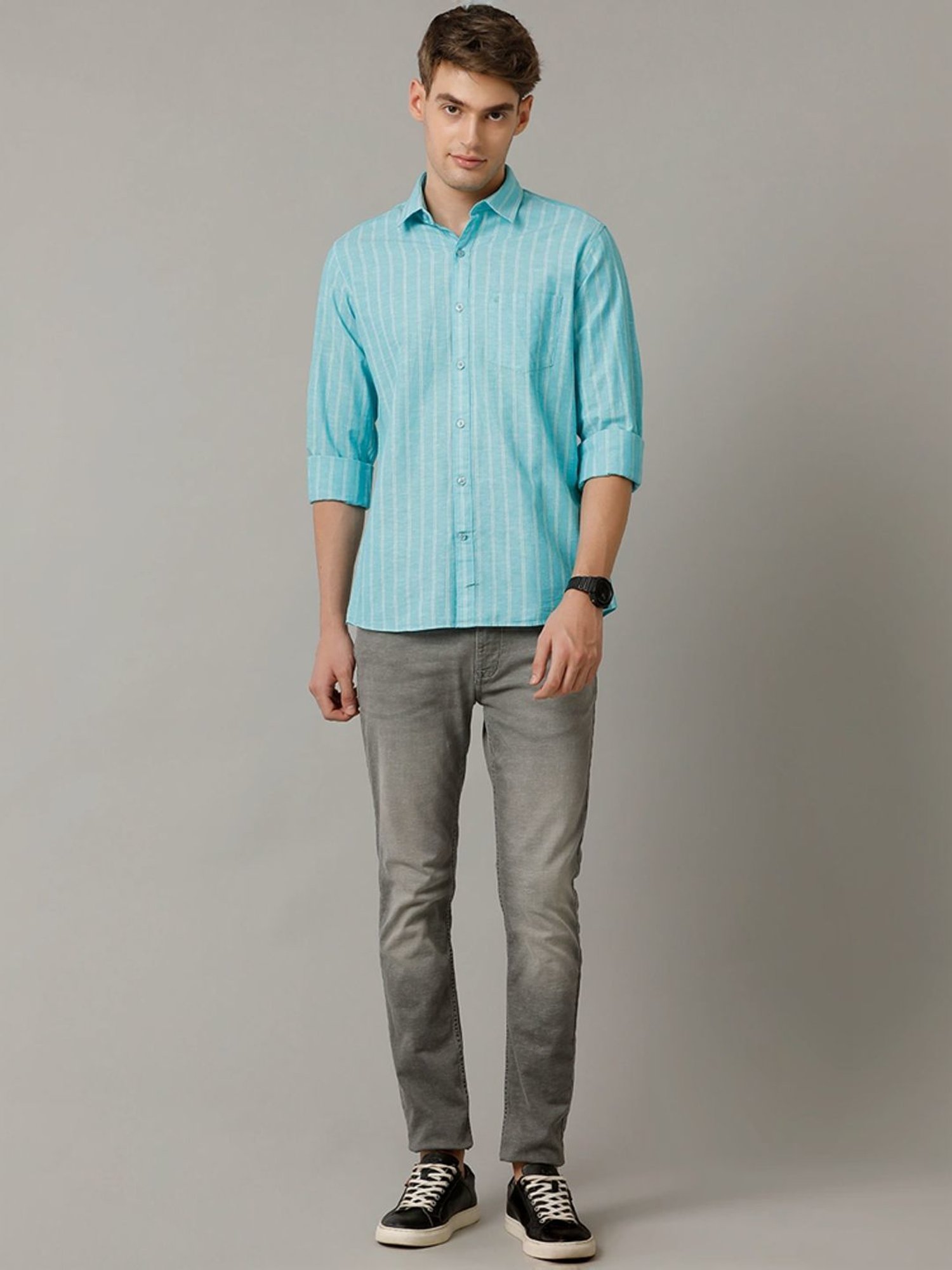 Cavallo By Linen Club Turquoise Blue Linen Contemporary Fit Striped Shirt