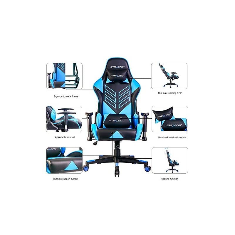 Chair Racing Office Chair Pu Leather High Back Computer Desk Chair Ergonomic Swivel Chair with Headrest and Lumbar Support Blue