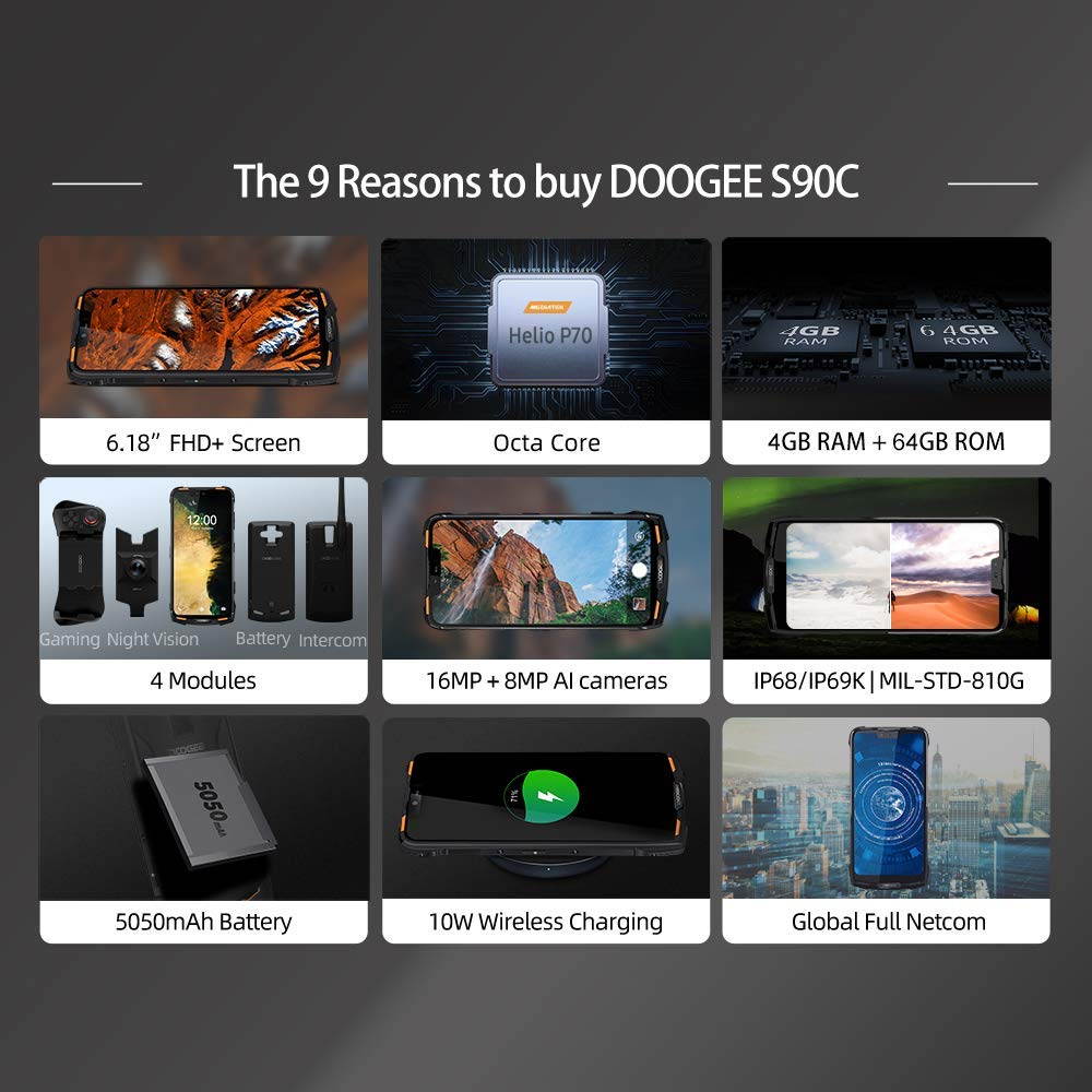 DOOGEE S90C rugged smartphone unlock 4G dual SIM unlock phone Android 9.0, IP68/IP69K waterproof Helio P70 4GB+64GB, 6.2-inch 5050mAh, 16MP+8MP+8MP AI camera NFC wireless charging