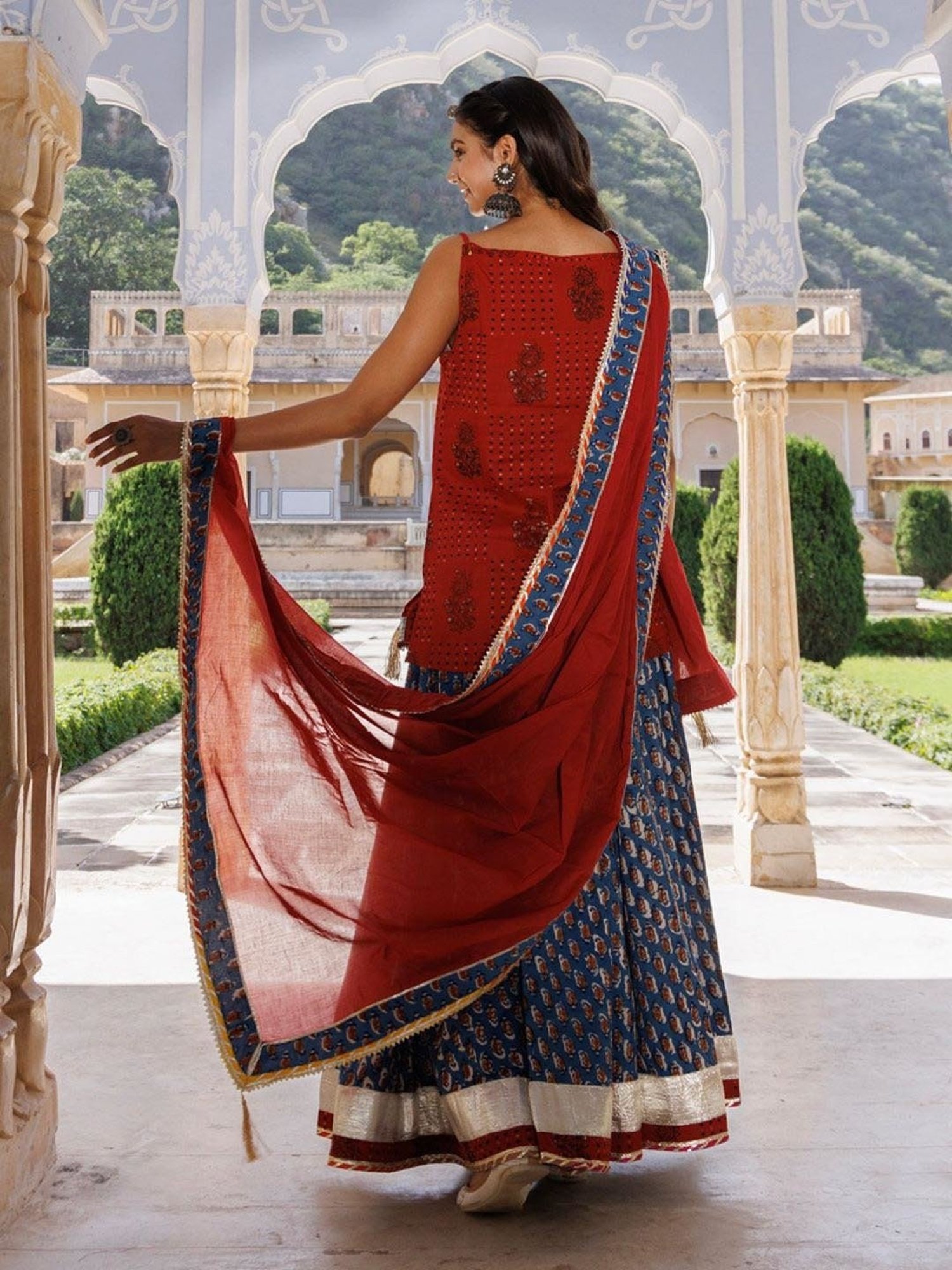 Geroo Jaipur Indigo-Red Pure Cotton Hand Block Printed Skirt Set