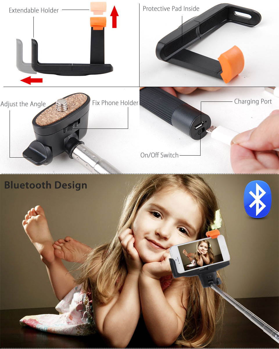 Bluetooth Shutter Extendable Handheld Selfie Stick Monopod for Samsung iPhone 5S