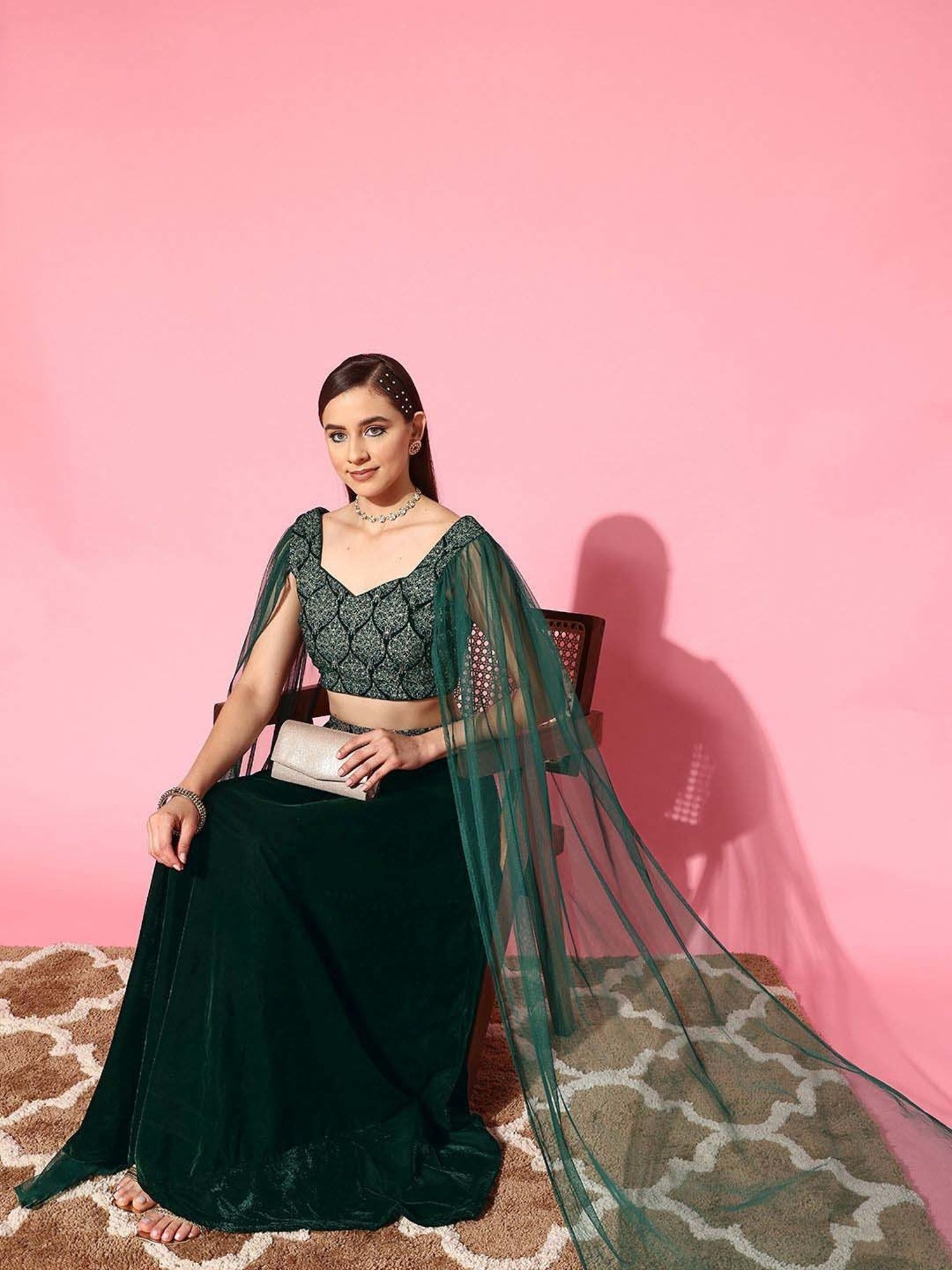 Libas Green Plain Lehenga Choli Set