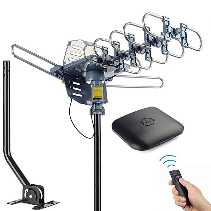 Outdoor Digital HD TV Antenna 150 Miles Motorized 360 Degree Rotation with Mounting Pole and 40FT RG6 Coax Cable - UHF/VHF / 1080P / 4K Snap-On Installation