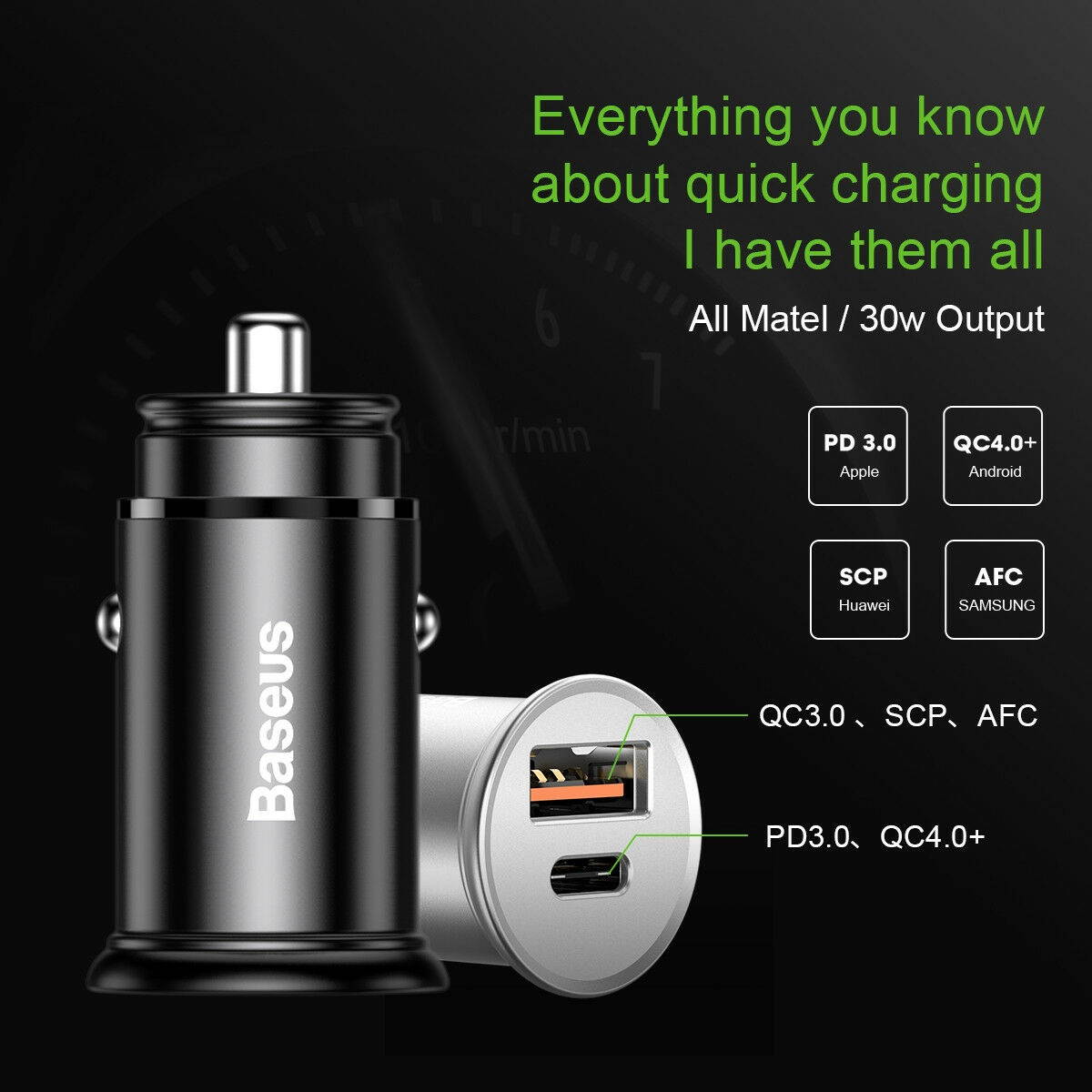 30W Fast Charging Car Charger USB Type-C PD Quick Charger QC 4.0 + USB-A QC 3.0