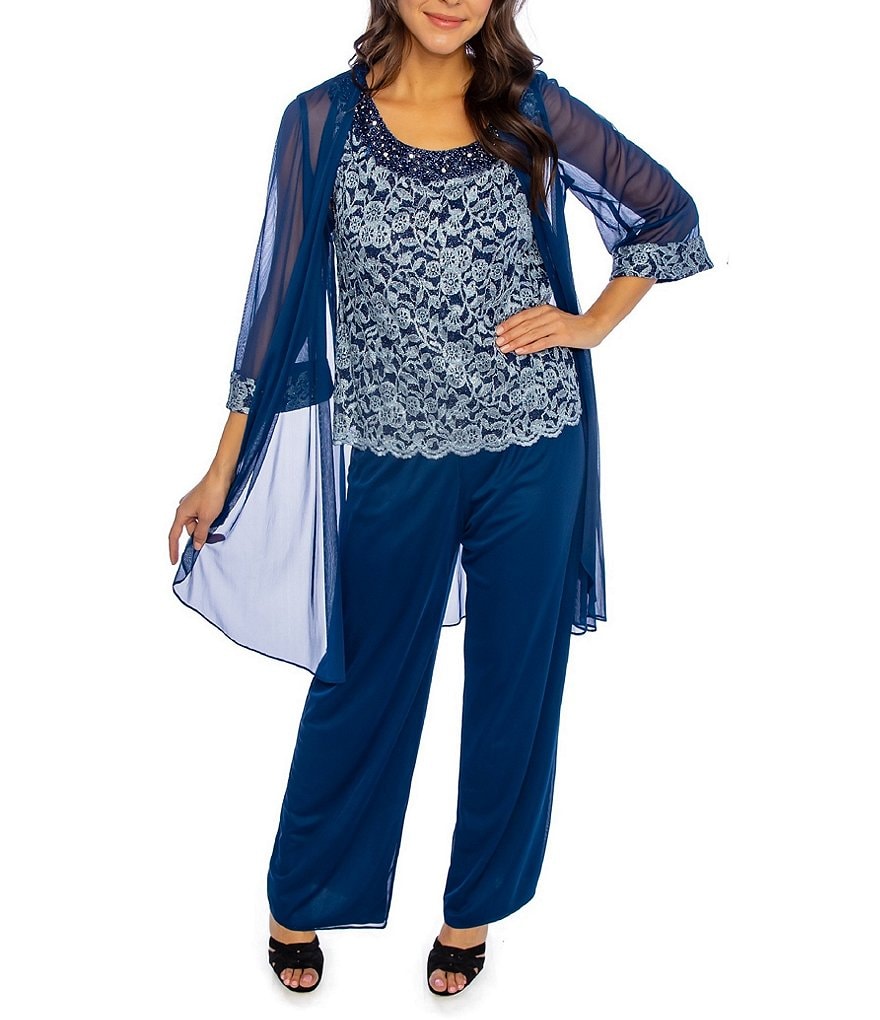 R & M Richards Petite Size Scoop Neck 3/4 Sleeve Scalloped Lace 3-Piece Pantsuit