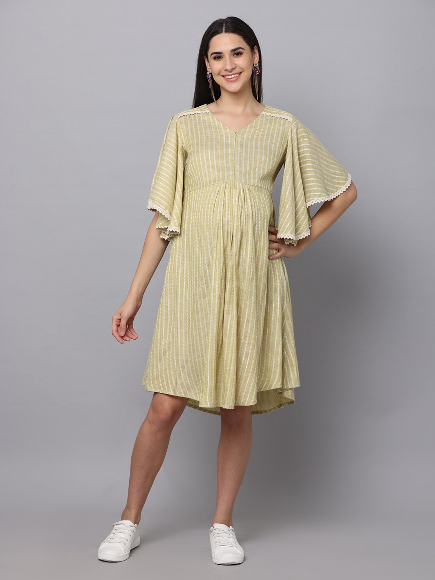 The Mom Store Mint Green Striped Maternity & Nursing Kurta Dress