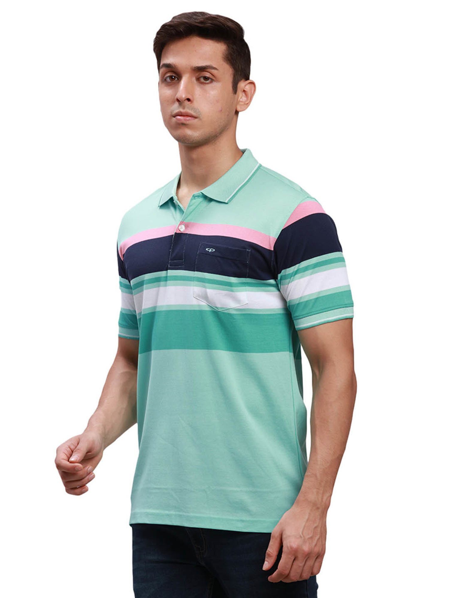 ColorPlus Blue Cotton Tailored Fit Striped Polo T-Shirt
