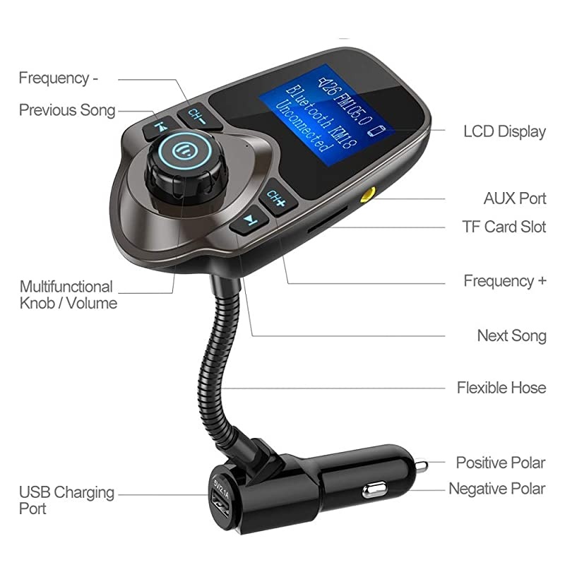 Bluetooth Car FM Transmitter Audio Adapter Receiver Wireless Handsfree Car Kit TF Card AUX 144 Display KM18 Brown