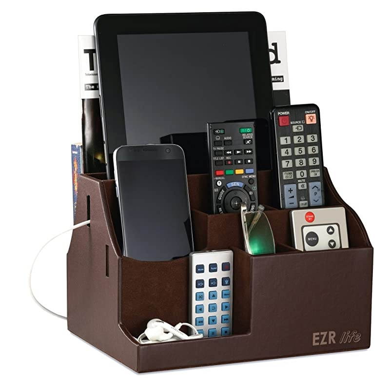 AllinOne Remote Control Holder Caddy Organizer Brown Leather Also Holds Phones Tablets Books Glasses 8 compartments up to 14 remotes