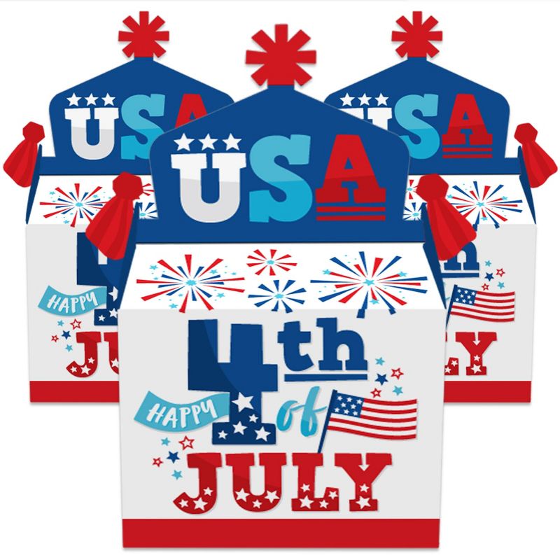 Big Dot of Happiness Firecracker 4th of July - Treat Box Party Favors - Red, White and Royal Blue Party Goodie Gable Boxes - Set of 12