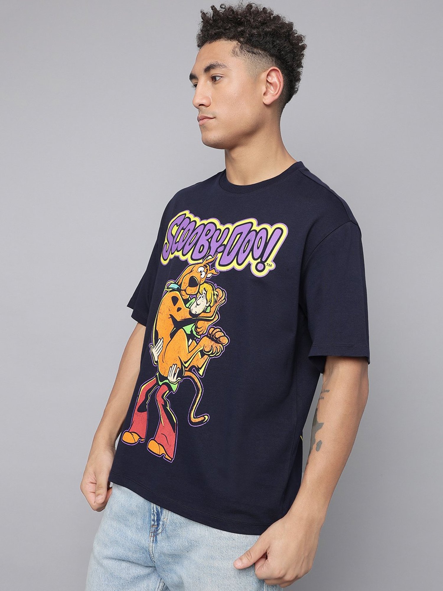 Free Authority Navy Blue Cotton Oversized Printed T-Shirt