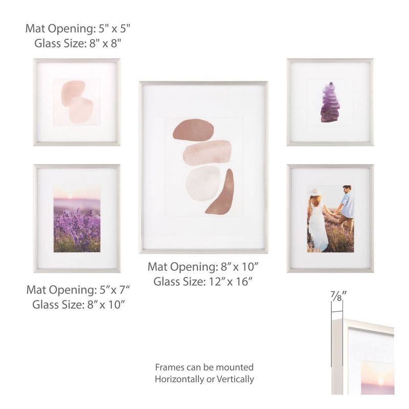 5pc Gallery Wall Frame Set with Decorative Art Prints and Hanging Template Silver - Gallery Solutions