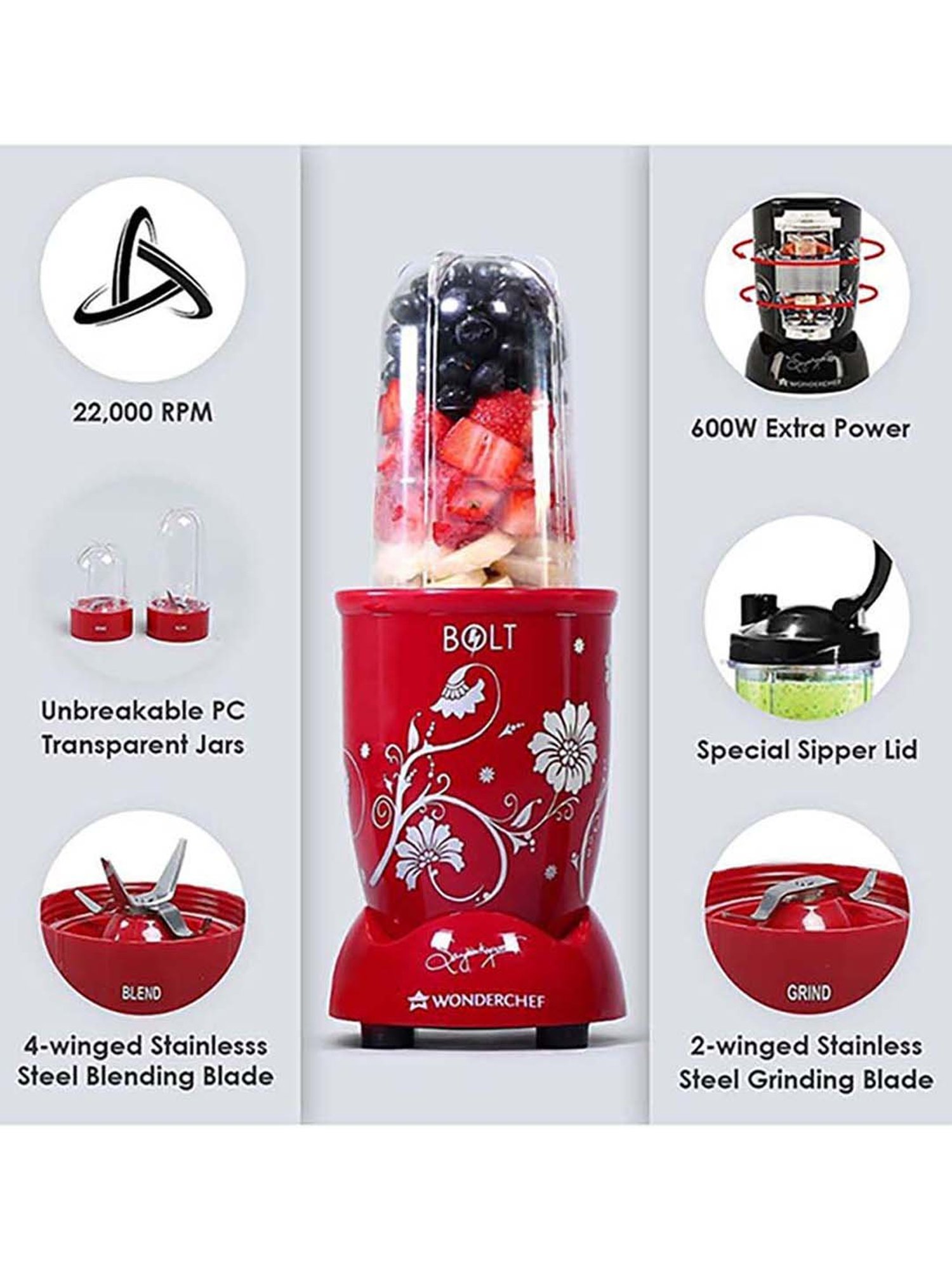 Wonderchef Nutri-Blend Bolt 600W 2 Jars Mixer Grinders Blender (Red)